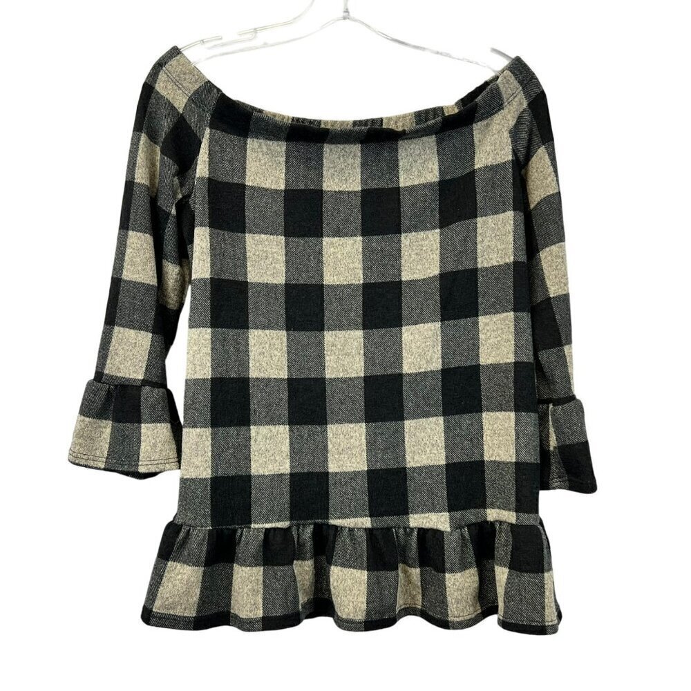 12PM by Mon Ami Womens Off Shoulder 3/4 Sleeve Top Black/Tan Checkered Ruffles L